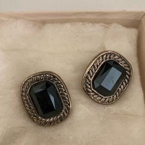 VINTAGE SILVER TONE/ BLACK ENAMEL CLIP ON EARRINGS